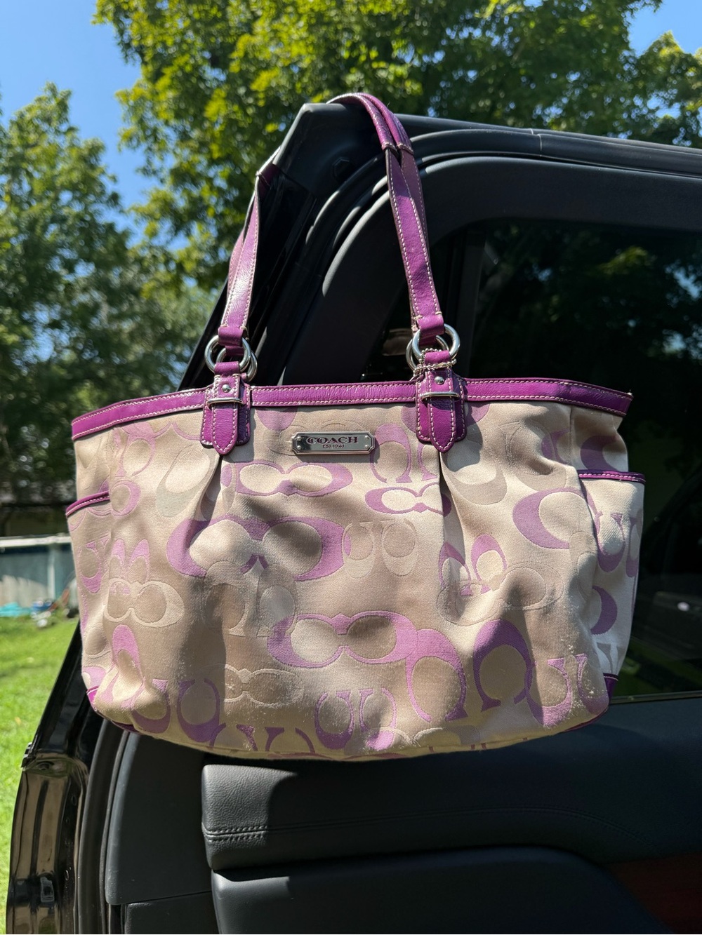 COACH F20444 Signature Optic C Tote Purple Plum Khaki Y2K Shoulder Bag